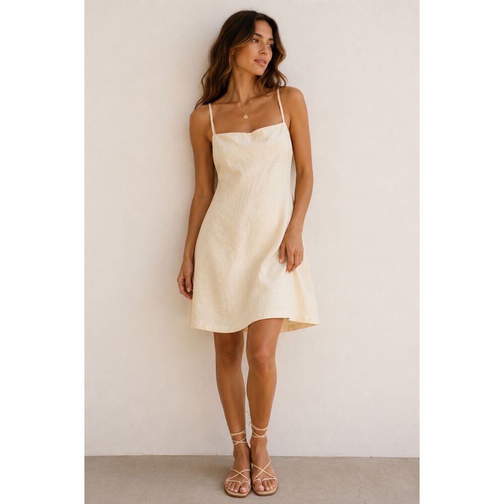 SUMMER AWAY Linen Tie Back Mini Dress Yellow Small NEW NWT
